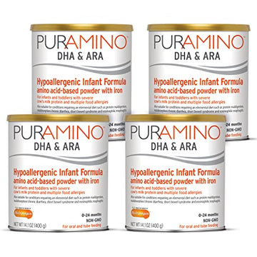 PurAmino Hypoallergenic Infant Drink, for Severe Food Allergies, Omega-3 DHA, Iron, Immune Support, Powder Can, 14.1 Oz Pack of 4